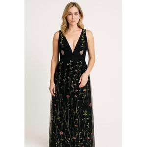 Women's Black Floral Embroidered Maxi Dress Lg Whimsical Fairy Cottagecore Artsy